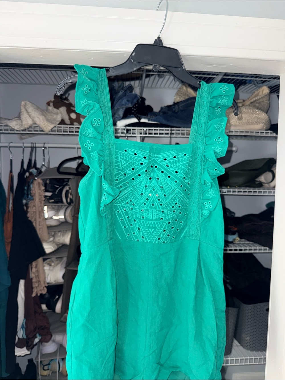 Women’s Sleeveless Eyelet Ruffle Romper - Teal